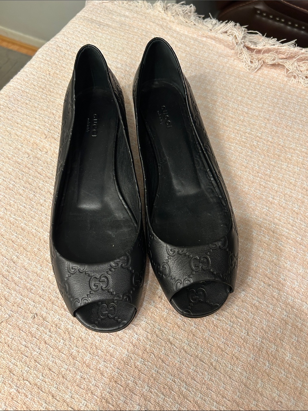 Gucci Black GG Embossed Peep-Toe Flats
